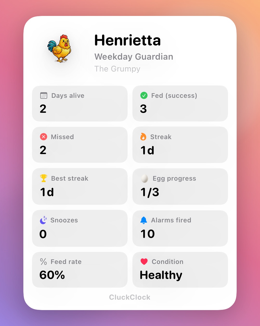 CluckClock alive chicken share screen